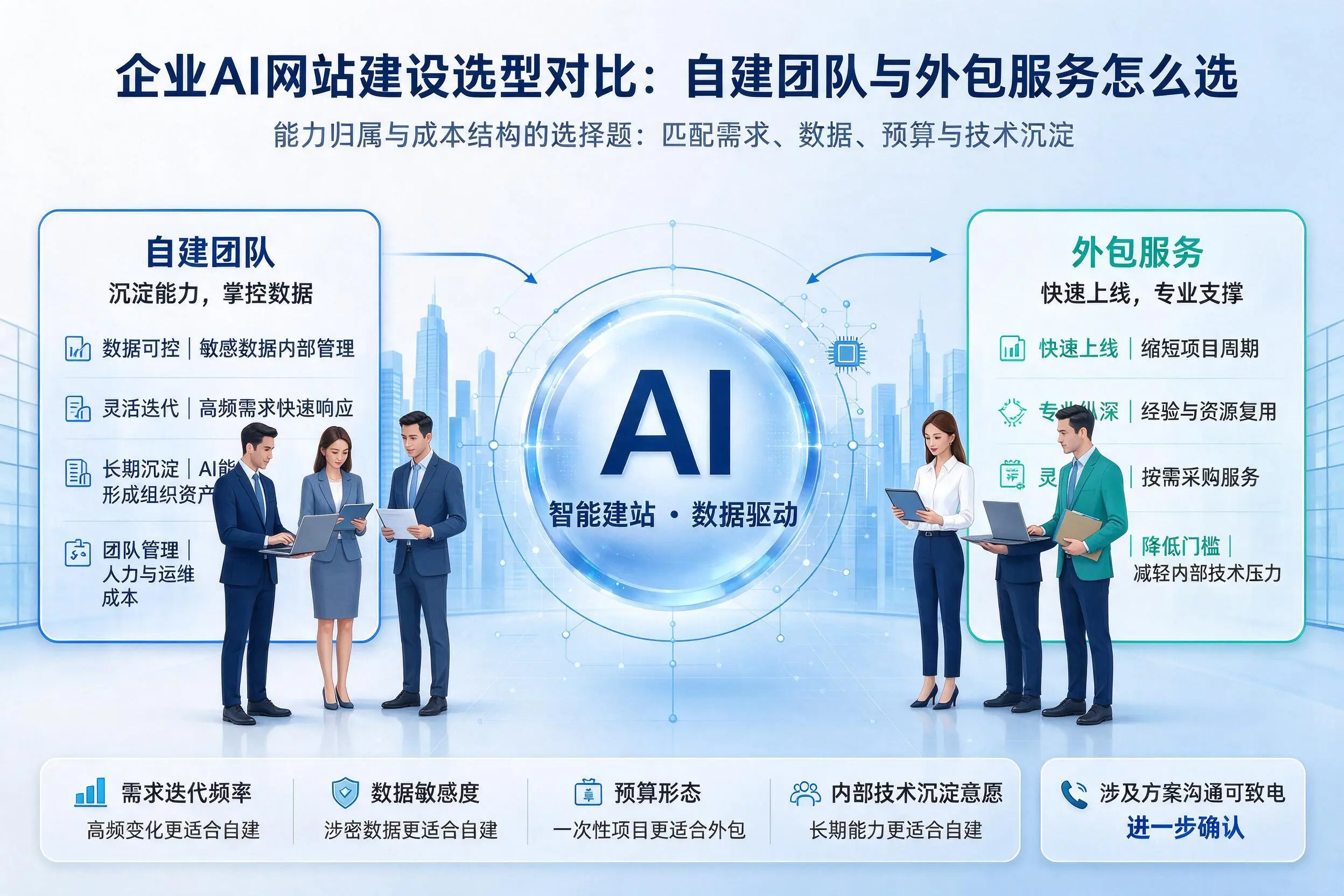 合肥企业AI网站建设选型对比:自建团队与外包服务怎么选